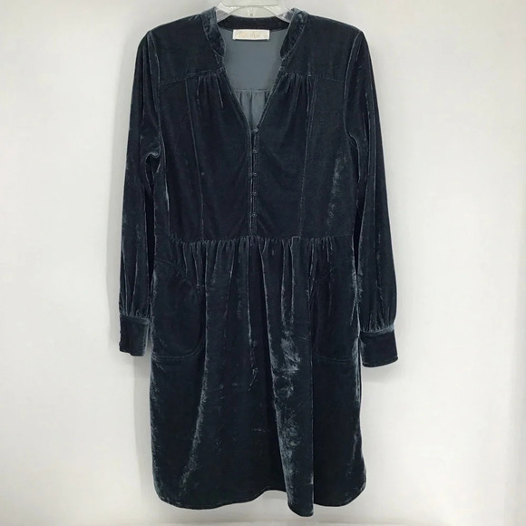 Elle Rae Velvet Shirt Dress Button-Up Stand Collar Midi Green Dress Size S - Picture 1 of 8